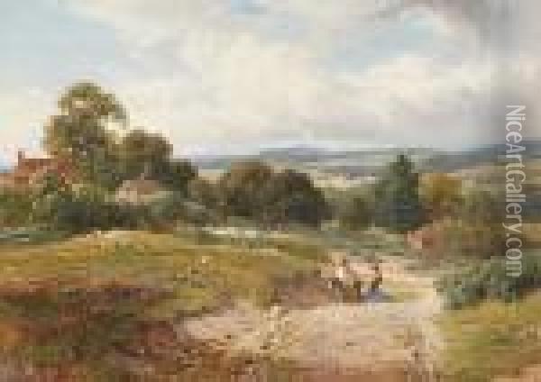 Extensive Country Landscape With Figures And Donkey On A Path Oil Painting - Harry Sutton Palmer