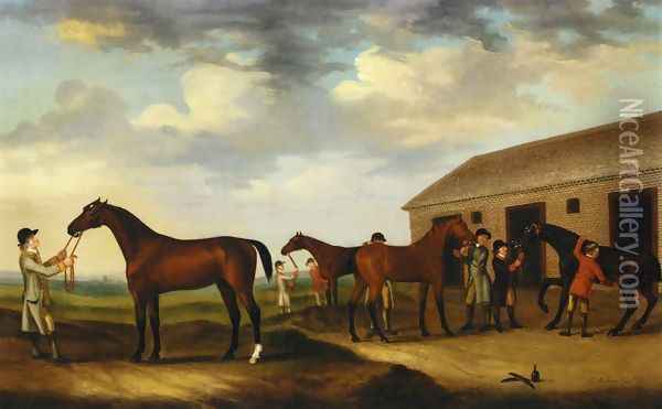 Four Racehorses outside the Rubbing Down House, Newmarket I Oil Painting - Francis Sartorius