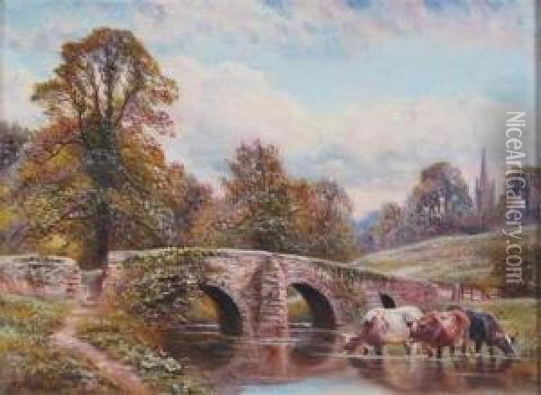 Cattle Watering By A Bridge Oil Painting - William Vivian Tippet