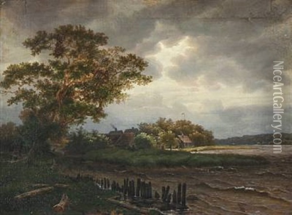 Coastal Scene With Fishing Village Oil Painting - Anton Edvard Kjeldrup