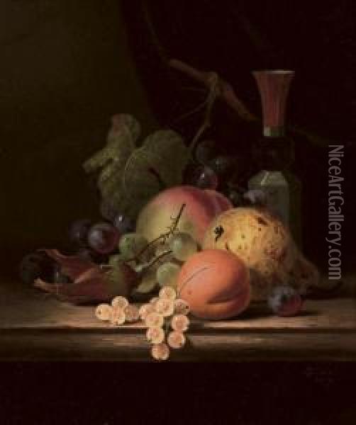 Still Life With Pear, Apple, Apricot, Grapes And Vase Oil Painting - Henry George Todd