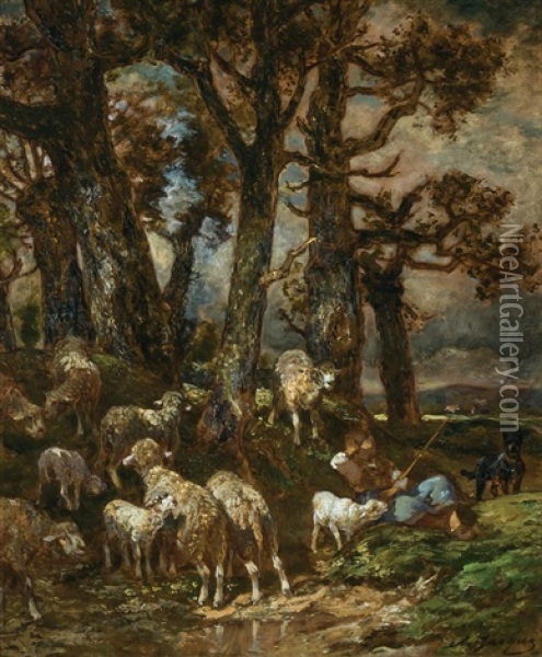 Troupeau, Paissant, Sous Bois Oil Painting - Charles Emile Jacque