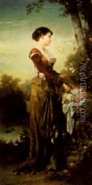 A Lady With Butterflies Oil Painting - Karl Schweninger the Younger