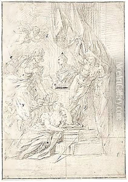 Design For A Frontispiece, With Minerva, Putti Holding A Shield, Fame And Time Around A Bust, And A Putto Above Holding A Circular Glass Marked With A Cross Which Directs Beams Of Light Onto The Bust Oil Painting - Sebastiano Ricci