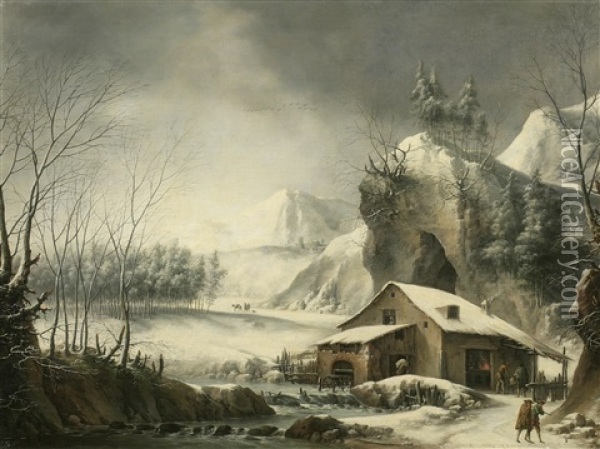 A Winter River Landscape With Figures Before A Mill Oil Painting - Francesco Foschi