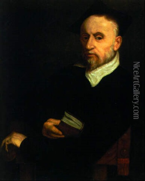 Portrait Of A Scholar, Seated Half-length, In Black Costume, Holding A Book Oil Painting - Giovanni Battista Moroni
