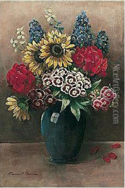 Sunflower, Geranium, Sweet William And Delphinium; Anemomies Oil Painting - Davina F. Brown