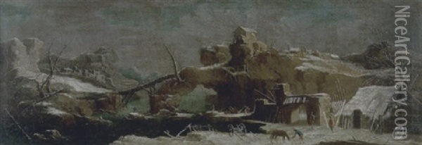 Paesaggio Invernale Con Astanti Presso Un Fiume Ed Un Borgo In Lontananza Oil Painting - Francesco Battaglioli
