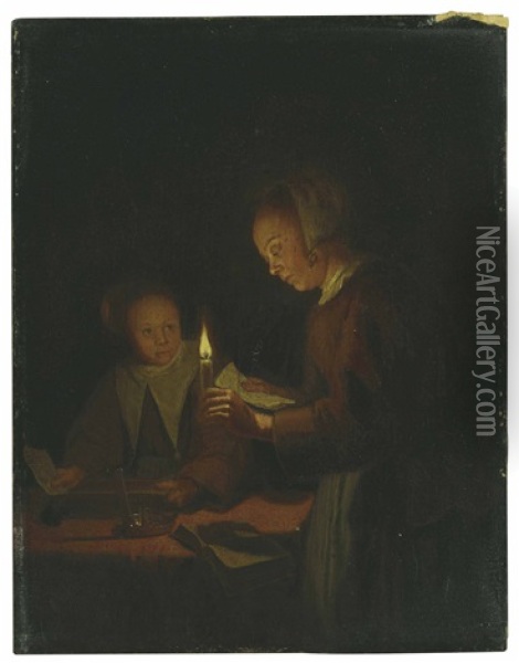 Two Maids By Candlelight Oil Painting - Godfried Schalcken