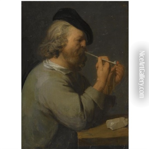 Study Of A Man Seated At A Table, Bearing A Black Beret And Lighting A Pipe Oil Painting - David Ryckaert III