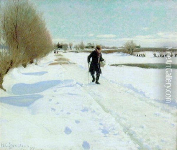 Solbelyst Vinterlandskap Med Promenerande Man Oil Painting - Hans Andersen Brendekilde