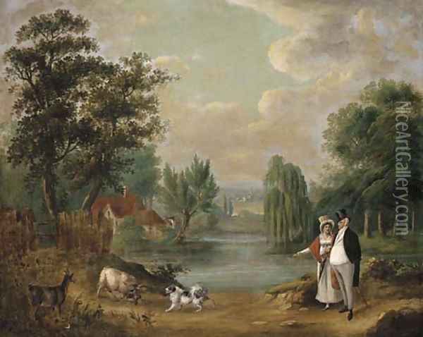 An elegant couple walking with their dog in a lake landscape Oil Painting - Joseph Farington