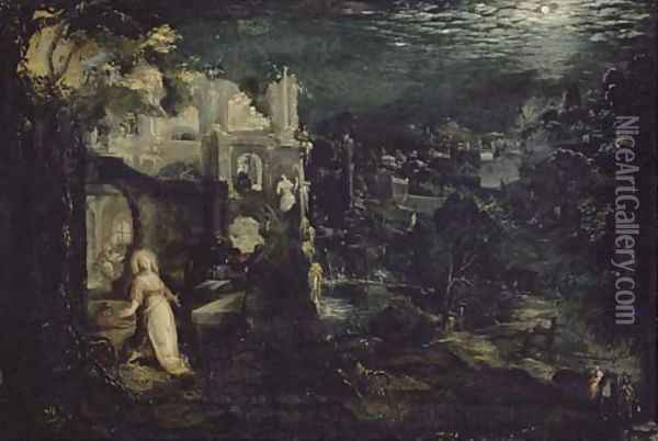 A moonlit landscape with classical ruins and the Penitent Magdalen Oil Painting - Gillis van Valckenborch