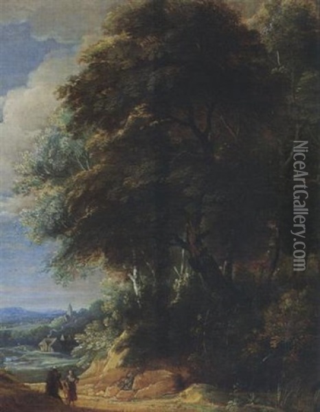 A Wooded Landscape With Two Travellers Conversing On A Path Oil Painting - Jacques d' Arthois