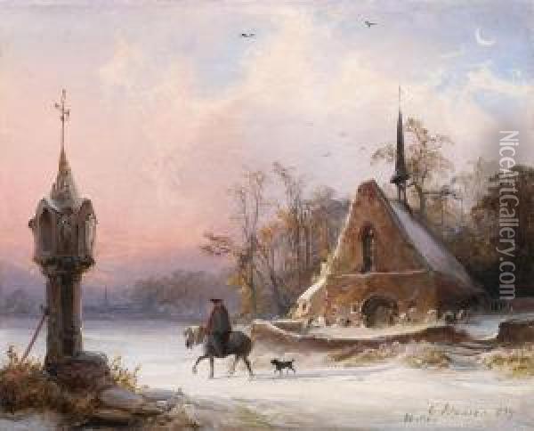 Winterlandschaft Mit Kapelle Oil Painting - Caspar Johann Nepomuk Scheuren