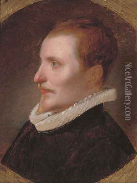 Portrait of a gentleman, bust-length, in a black coat and white ruff, painted circle Oil Painting - Cornelis De Vos