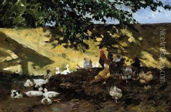 Ducks And Chickens In A Farmyard Oil Painting - Tina Blau