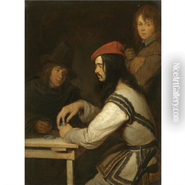 Three Men In A Tavern, One Taking Snuff Oil Painting - Gerard ter Borch the Younger