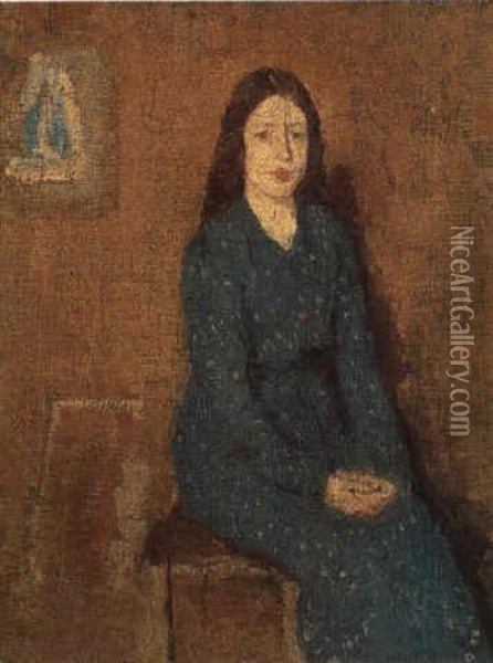 A Sitting Girl Wearing A Spotted Blue Dress Oil Painting - Gwen John