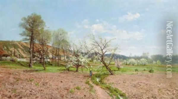 Promenade Under The Apple Blossoms Oil Painting - Paulin Andre Bertrand