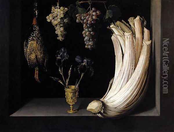 Still Life with Cardoon, Francolin, Grapes and Irises Oil Painting - Felipe Ramirez