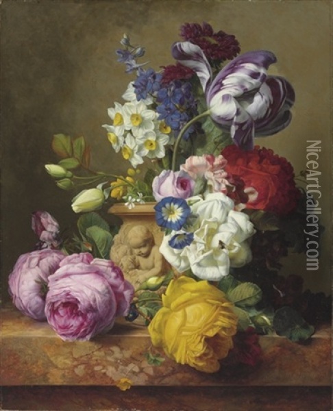 Roses, Tulips, Morning Glory, Delphinium And Primrose In A Terracotta Vase Oil Painting - Charles-Joseph Node