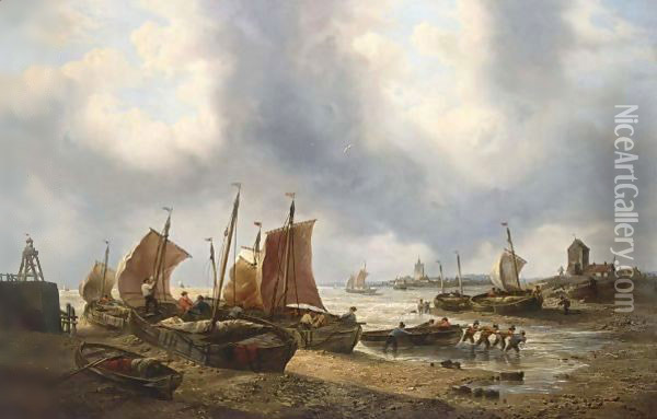 ' A Fresh Breeze Off Scheveningen' Oil Painting - Francois Etienne Musin