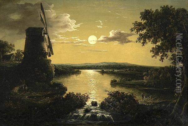 Windmill On A Moonlit Estuary Oil Painting - Henry Pether