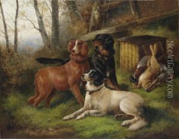 Three Setters With Game At The Edge Of A Wood Oil Painting - John Gifford