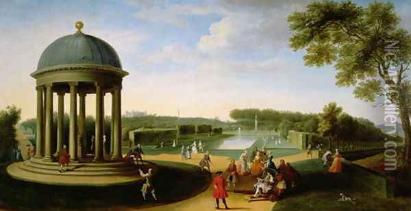 The Queens Theatre from the Rotunda, Stowe House, Bucks, with Lord Cobham and Charles Bridgeman Oil Painting - Jacques Rigaud