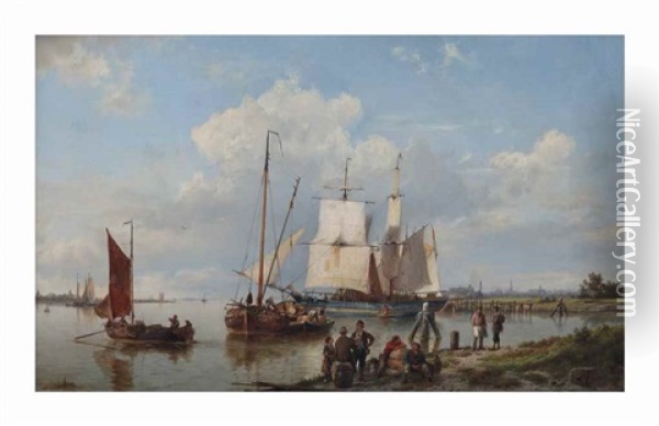 Shipping On A Calm Near An Estuary Oil Painting - Hermanus Koekkoek the Elder