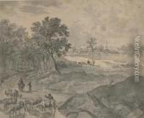 Breiter Weg Mit Viehherden Vor Einem Dorf. Oil Painting - Bartholomeus Breenbergh