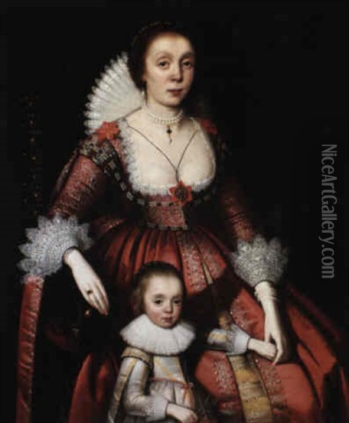 Portrait Of A Mother And Her Child Holding A Branch Of Laurel (?) Oil Painting - Adam de Colonia
