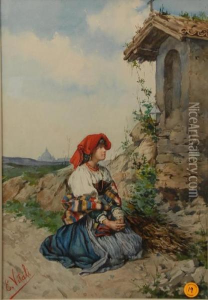 Girl In Landscape Praying At A Shrine Oil Painting - E. Vitali
