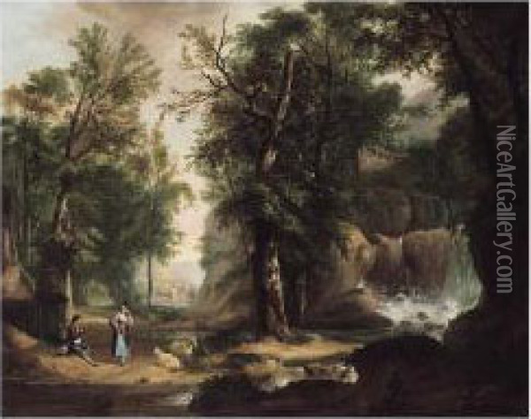Landscape With Rustics And Sheep By A Waterfall Oil Painting - George Jnr Barrett