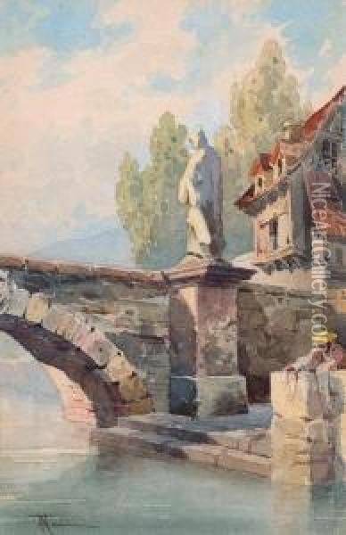 Ponte Con Statua E Banchina Con Figura Oil Painting - Francesco Longo Mancini