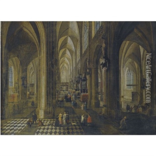 A Capriccio Of The Antwerp Cathedral Interior With Elegantly Dressed Figures Oil Painting - Peeter Neeffs the Younger