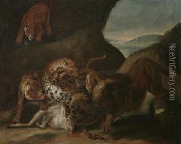 Kampfende Raubkatzen Um Einen Hirsch Oil Painting - Carl Borromaus Andreas Ruthart