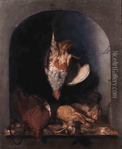 A trompe l'oeil a grey partridge hanging from a string on a nail before a stone niche with dead grouse, a rabbit, black game and a hunting bag Oil Painting - Cornelis van Lelienbergh