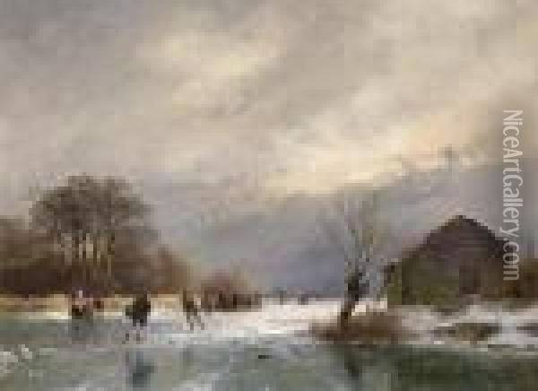Skaters On A Frozen Waterway A 'koek En Zopie' In The Distance Oil Painting - Andreas Schelfhout