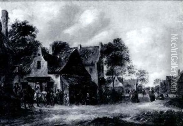 Villagers Gathered In A Town Oil Painting - Thomas Heeremans