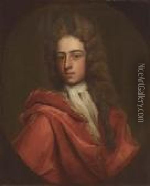 Portrait Of A Gentleman Said To Be Sir Henry Temple, In A White Cravatte And A Red Coat Oil Painting - Michael Dahl