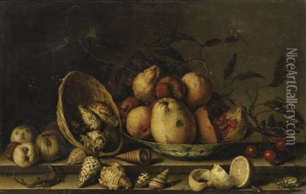 Still Life With Basket Of Shells, A Plate With Fruits And Insects Oil Painting - Balthasar Van Der Ast