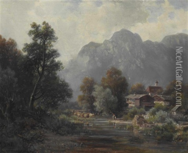 Unterau Bei Schlehdorf Oil Painting - Ludwig Sckell