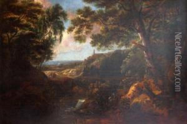 Wandelaars In Een Berglandschap.
 Promeneurs Dans Un Paysage Montagneux. Oil Painting - Cornelis Huysmans