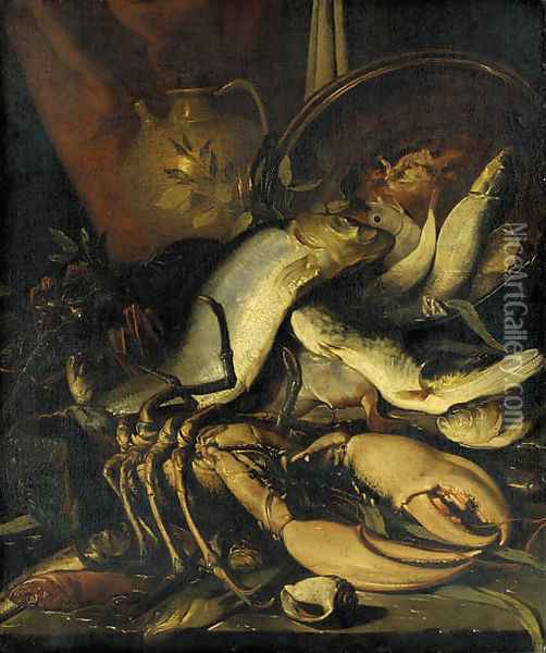 A lobster, cod and other fish with a copper urn and a jug on a stone ledge with a seashell Oil Painting - Elena Recco