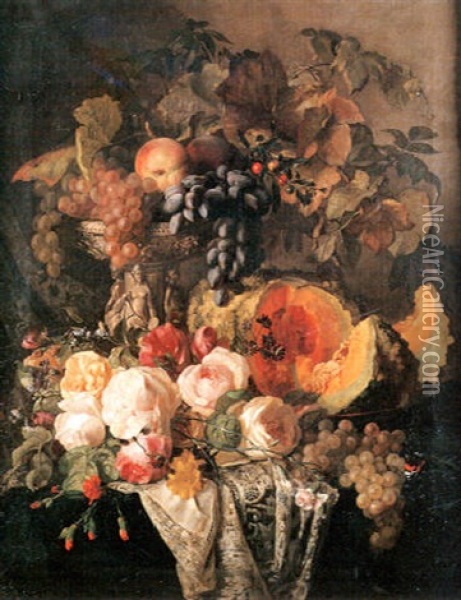 Nature Morte A La Coupe De Fruits, Melons Et Roses Sur Un Entablement Oil Painting - Simon Saint-Jean