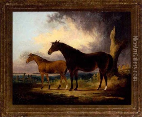 Horses In A Landscape Oil Painting - John E. Ferneley