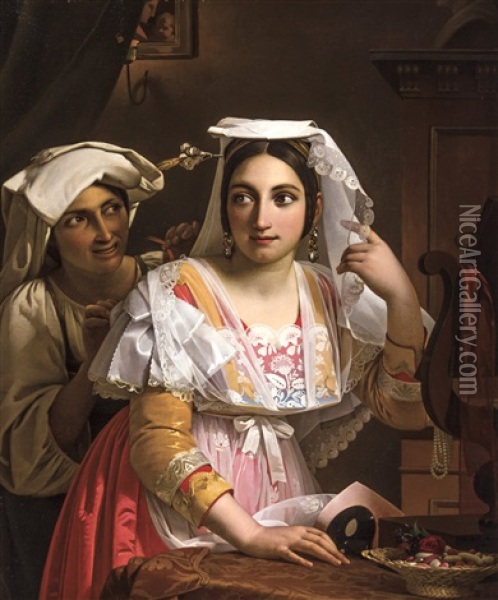 Femmes A La Toilette Avant Le Bal Masque Oil Painting - Jean Baptist Lodewyck (Maes-Canini) Maes