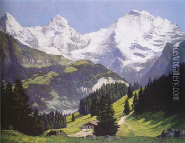 Sommertag Im Berner Oberland Mit Blick Auf Eiger, Monch Und Jungfrau Oil Painting - Edward Theodore Compton